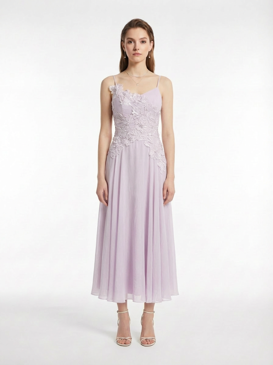 Lavender Silk Georgette Lace Applique Slip Maxi Dress with Detachable Sleeves & Beaded Flower Centers
