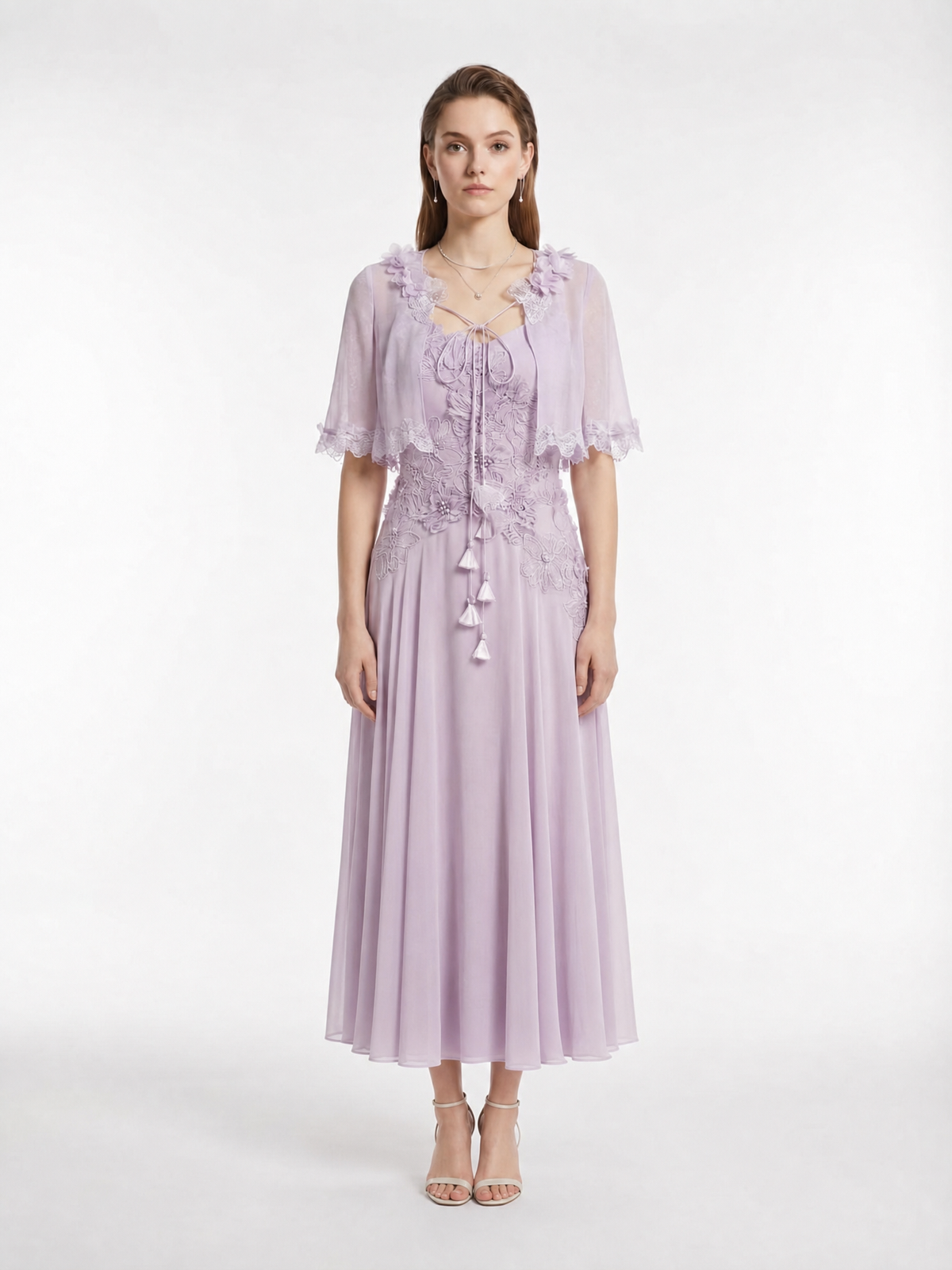 Lavender Silk Georgette Lace Applique Slip Maxi Dress with Detachable Sleeves & Beaded Flower Centers