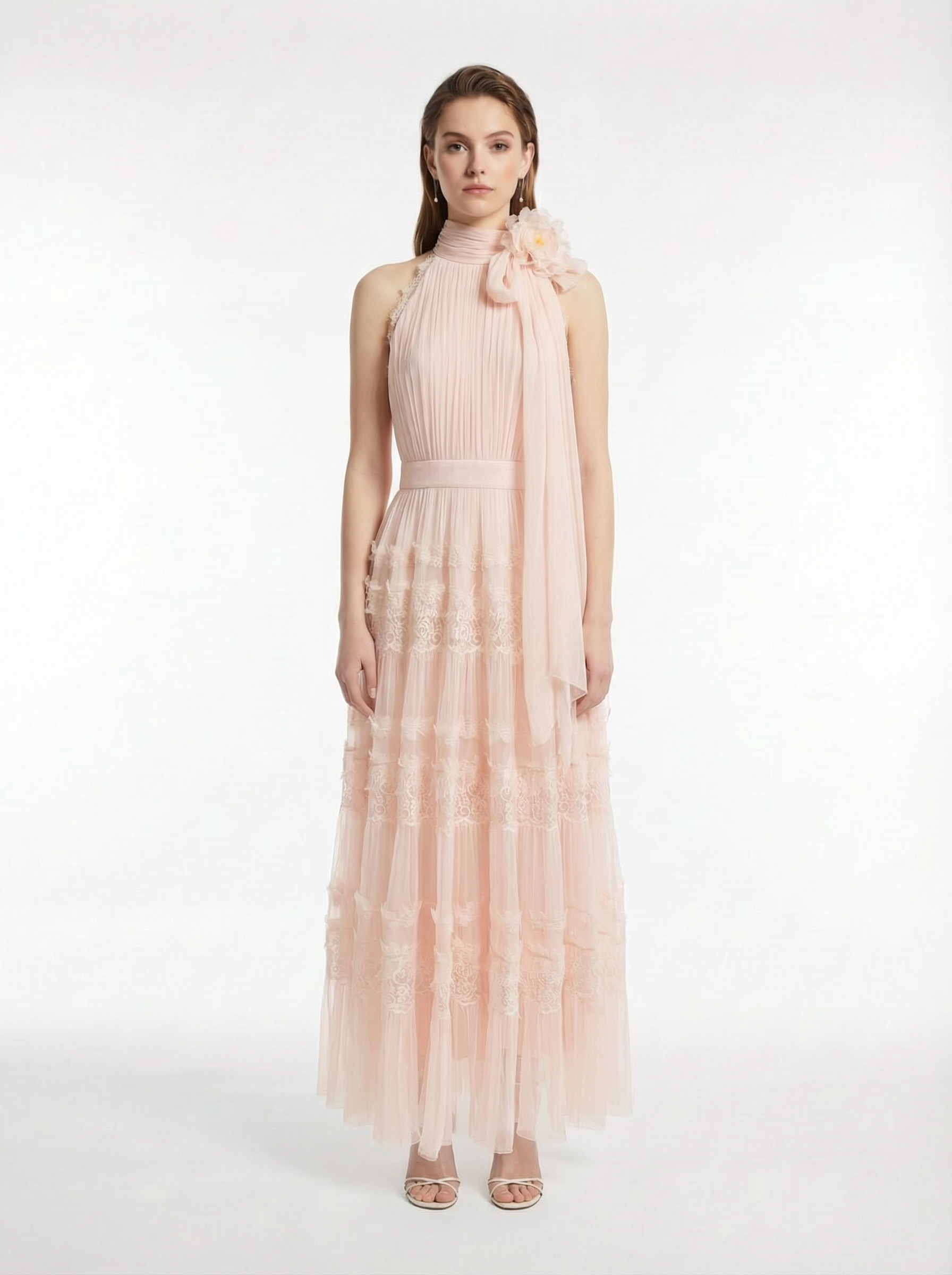 100% Silk Crepon Halter Maxi Dress with Handmade Flower & Lace Tier Details