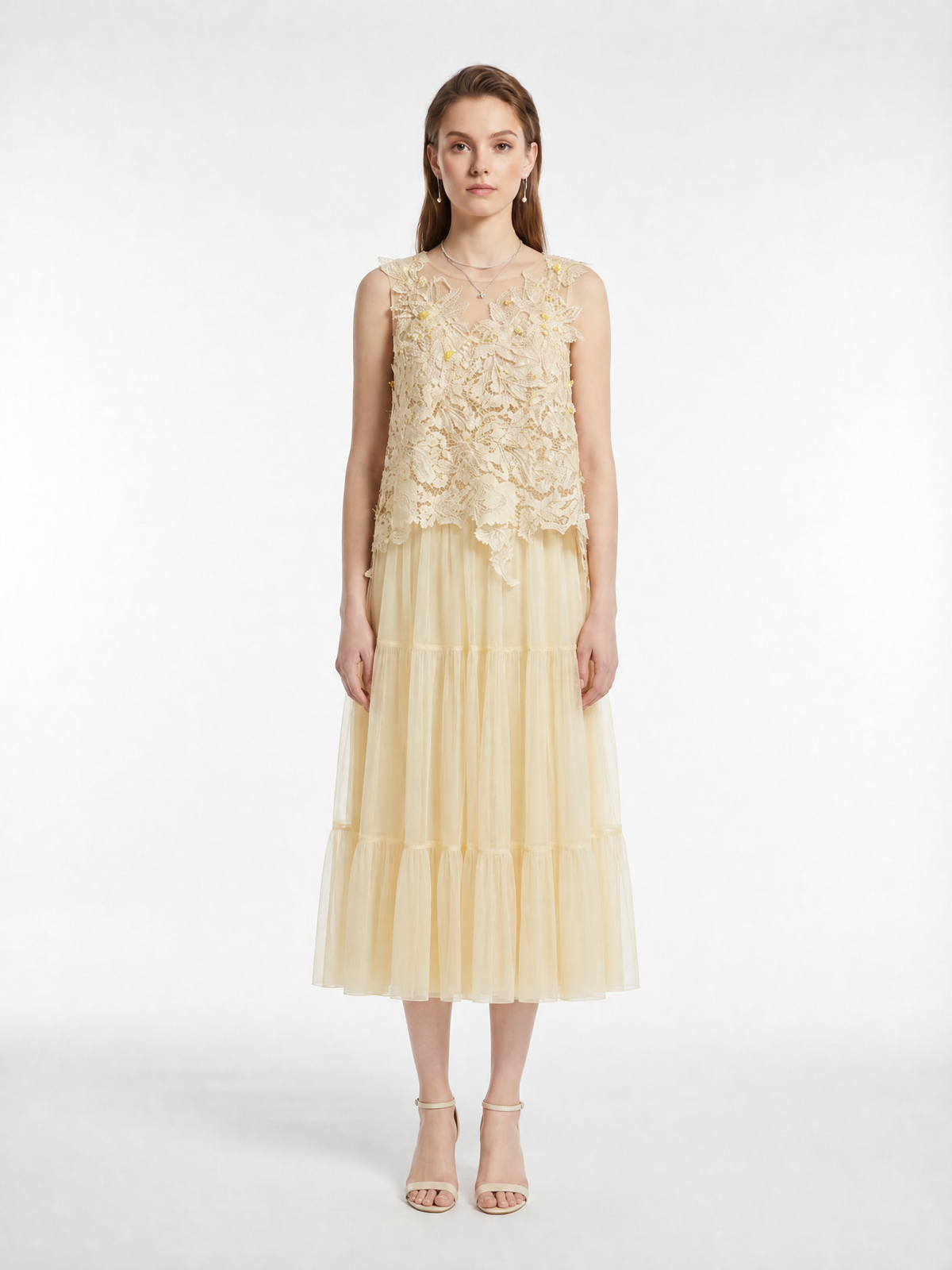 Handmade 3D Lace Appliqué V-Neck Sleeveless Irregular Hem Top Tiered Shirred Tulle Full Midi Dress