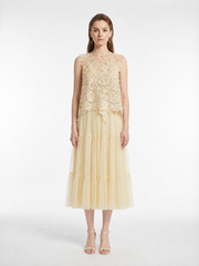 Handmade 3D Lace Appliqué V-Neck Sleeveless Irregular Hem Top Tiered Shirred Tulle Full Midi Dress