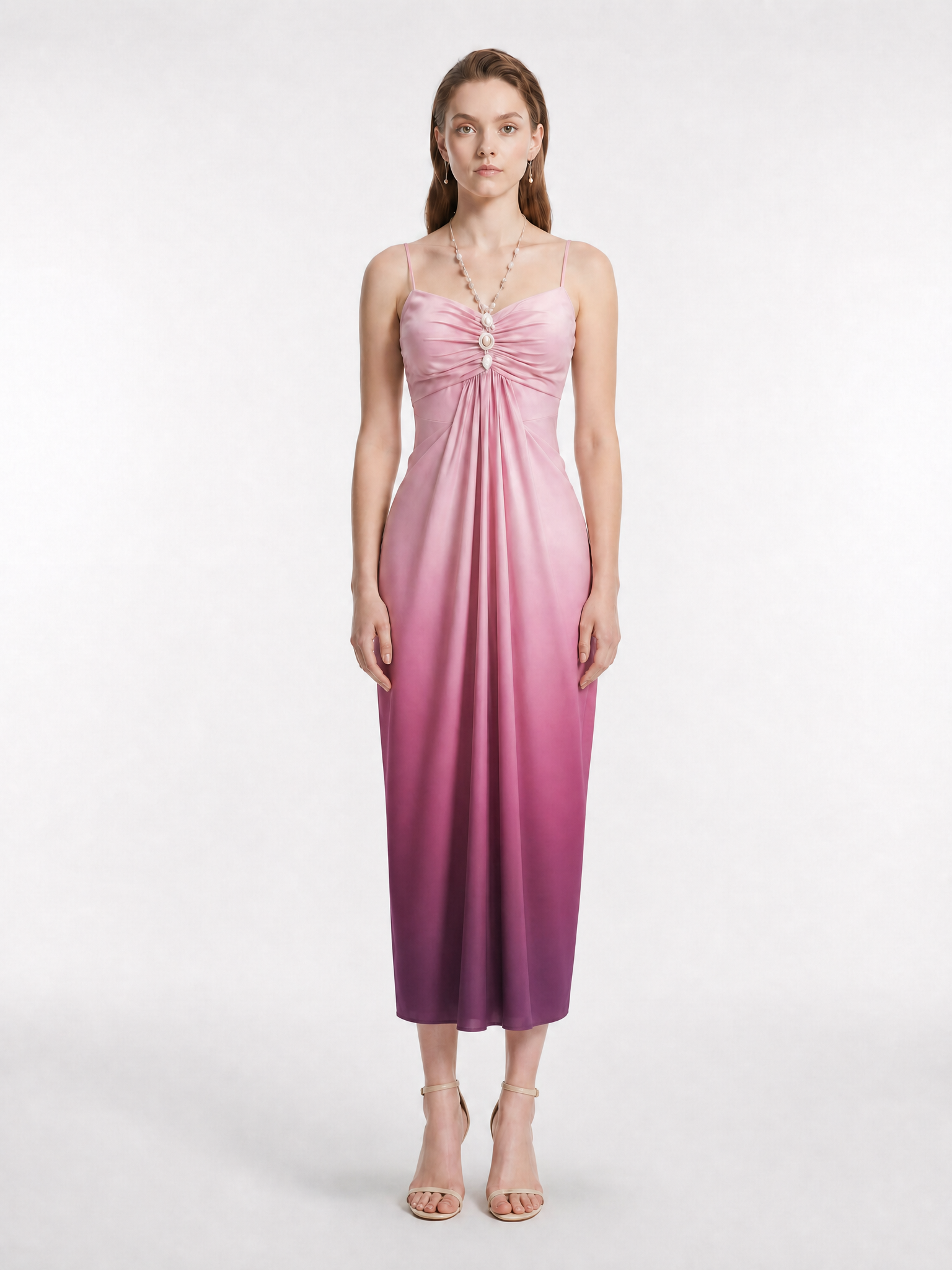Pink Purple Gradient Sweetheart Neck Ruched Pearl Decor Spaghetti Strap Bodycon Slit Midi Dress