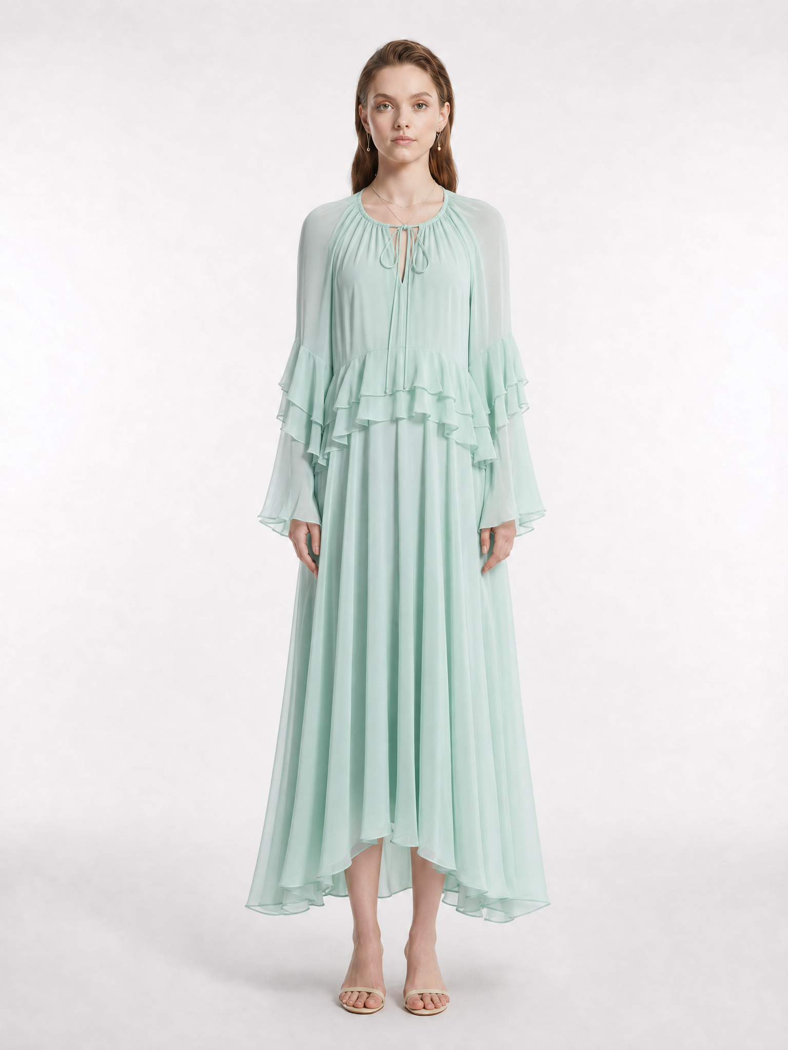 Mint Green Round Neck Hand Beaded Front Tie Keyhole Sheer Double Tier Ruffle Flare Long Sleeve Flow Maxi Dress