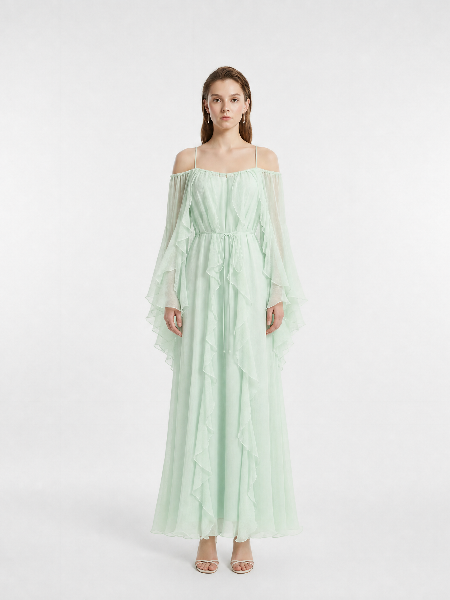 Mint Green Off-Shoulder Thin Strap Hand Beaded Neckline Flare Sleeve Tie Waist Multi-Layer Ruffle 100% Mulberry Silk Crinkle Maxi Dress