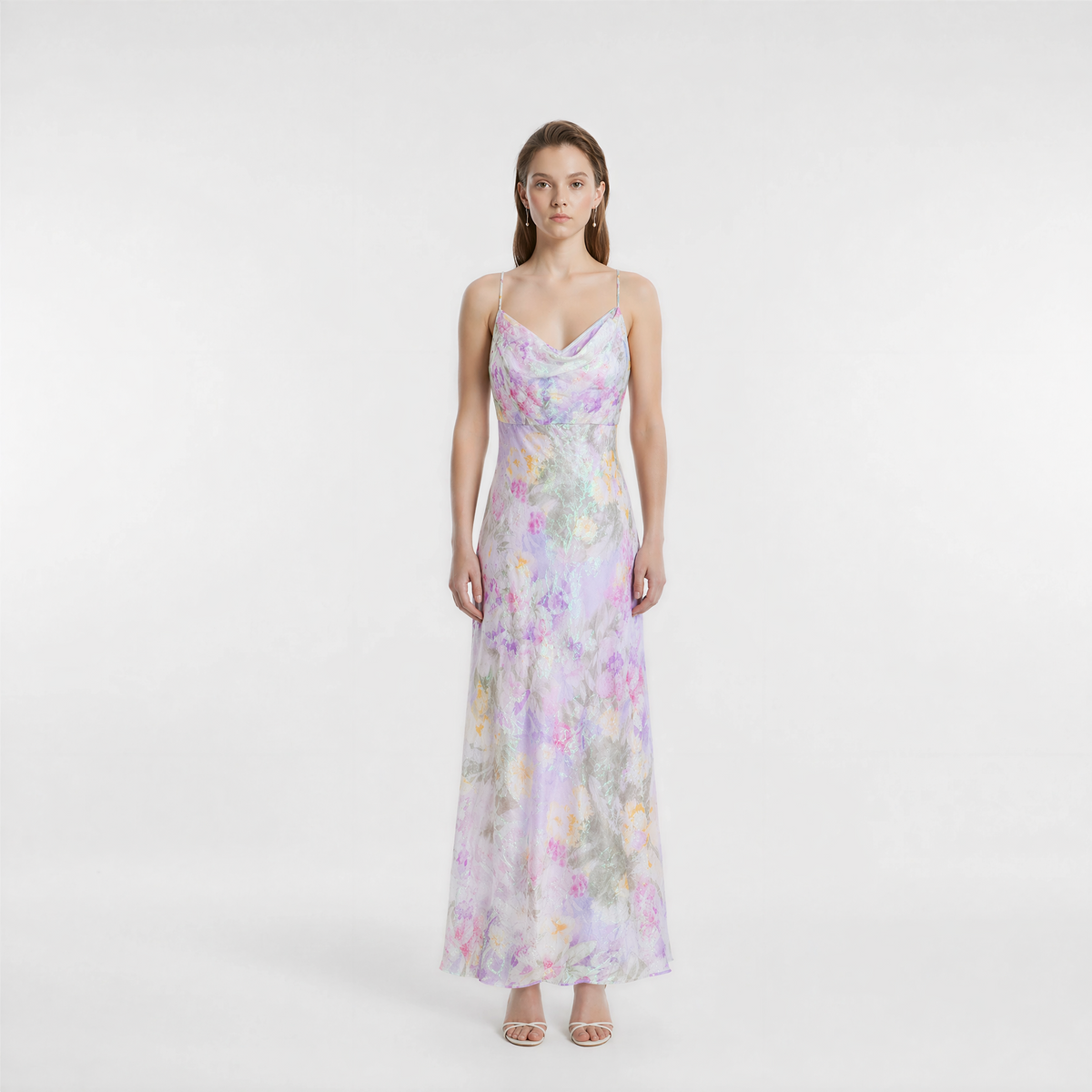 Purple-Tone Original Watercolor Floral Silk Iridescent Jacquard Cowl Neck Slip Maxi Dress