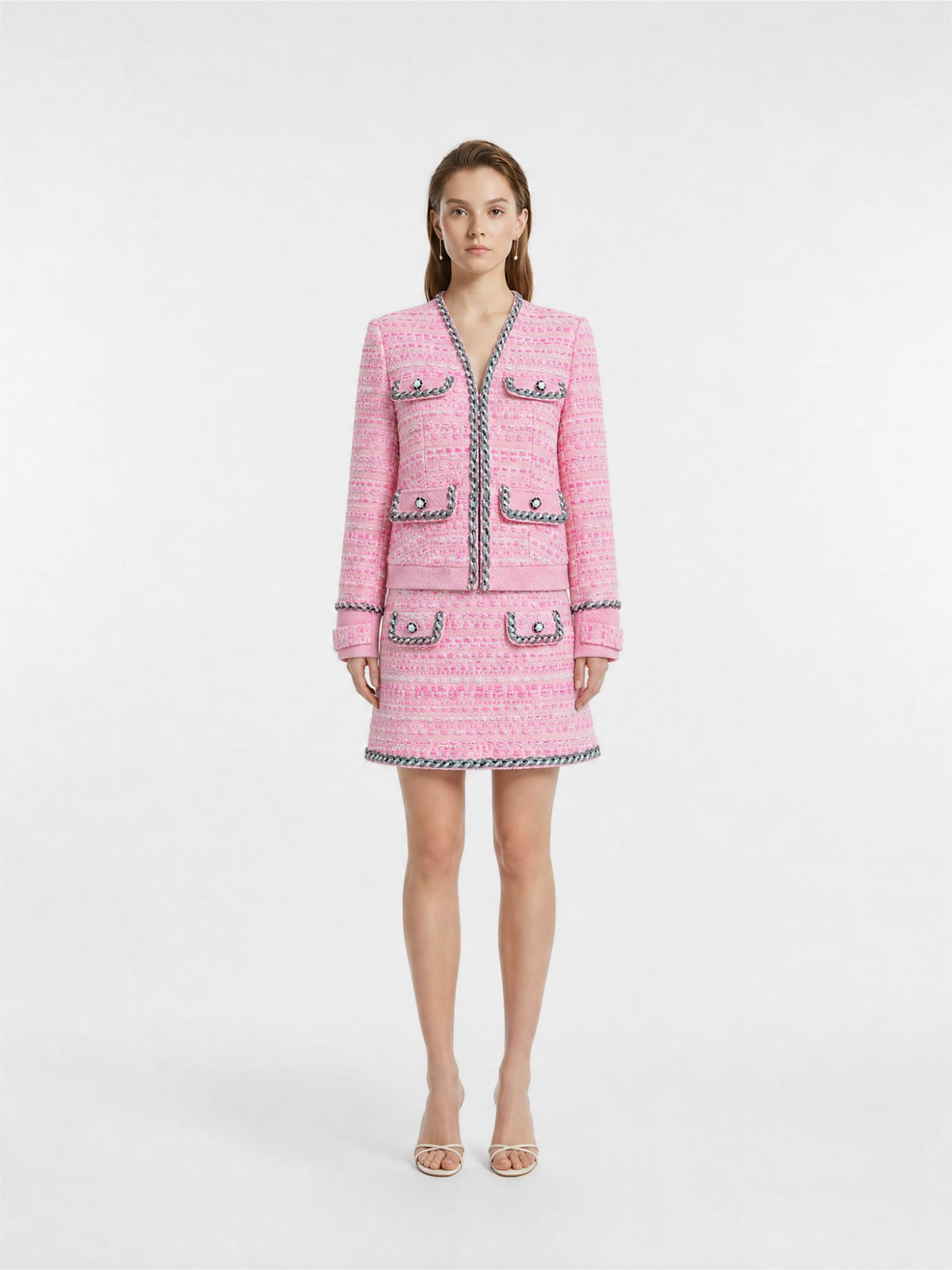 Pink Tweed Chanel-Style Two-Piece Set, Trim Button Cropped Jacket & High Waist Mini Skirt