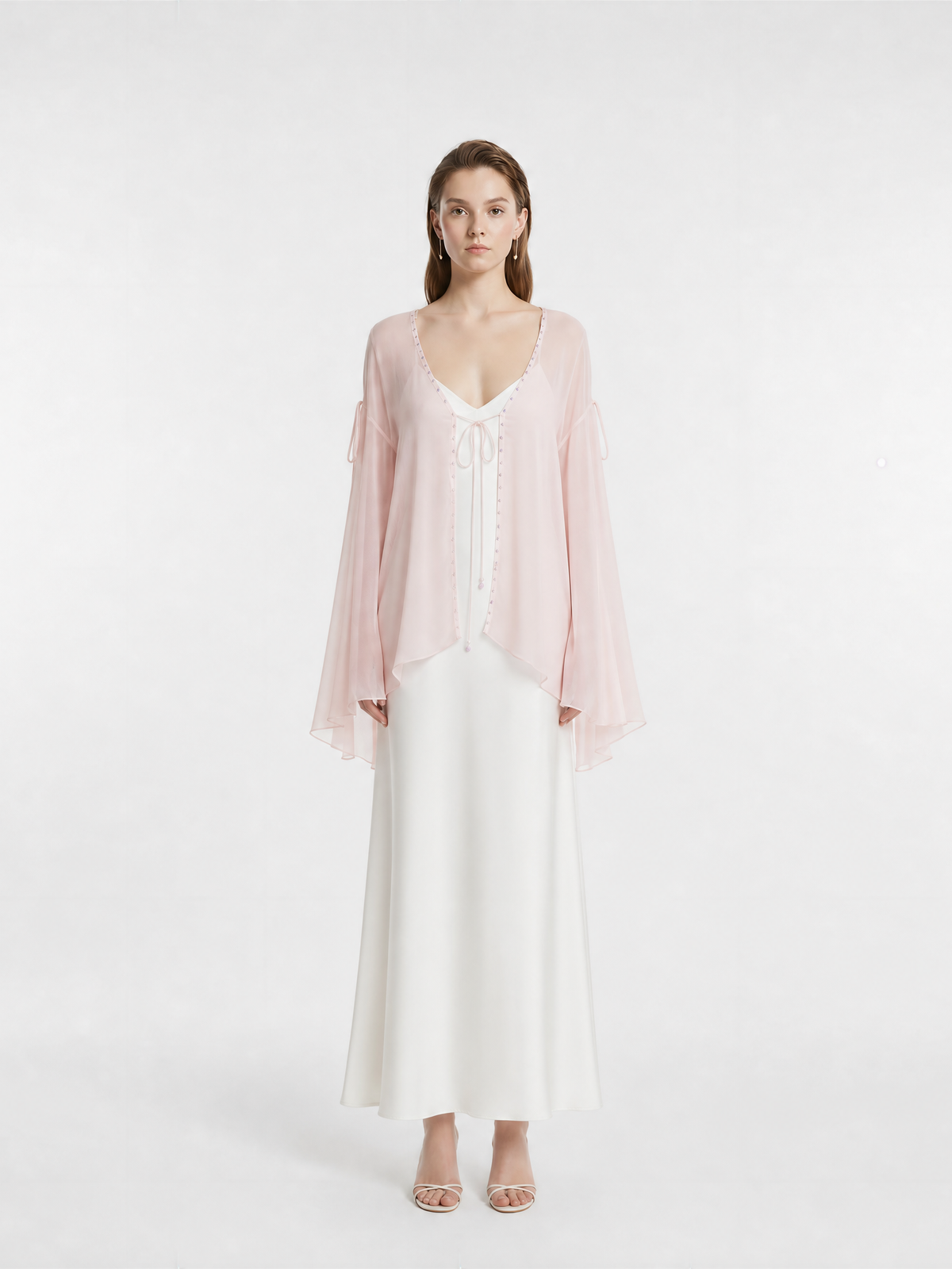 Light Pink V-Neck Hand Beaded Trim Front Tie Flare Long Sleeve Asymmetrical Hem Silk Chiffon Sun Cover Up