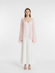 Light Pink V-Neck Hand Beaded Trim Front Tie Flare Long Sleeve Asymmetrical Hem Silk Chiffon Sun Cover Up