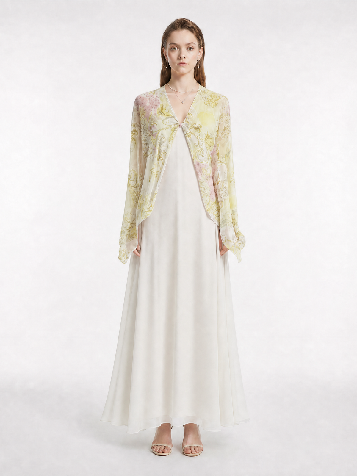 Yellow Green Vintage Floral Print V-Neck Front Twist Irregular Hem Long Sleeve Lightweight Silk Cover Up