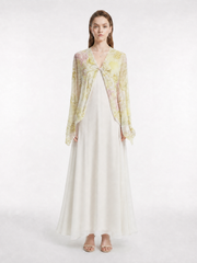 Yellow Green Vintage Floral Print V-Neck Front Twist Irregular Hem Long Sleeve Lightweight Silk Cover Up