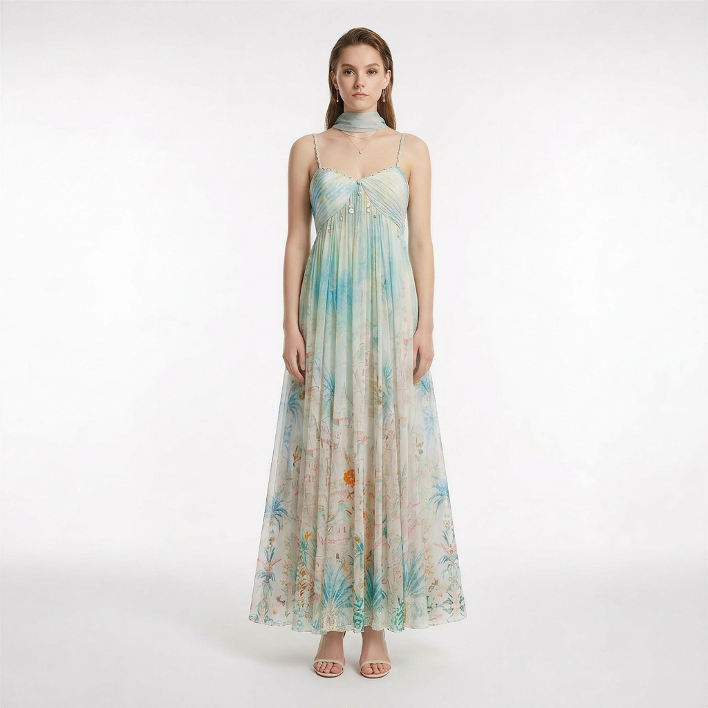 Tropical Print Silk Georgette Slip Maxi Dress with Hand Beaded Details