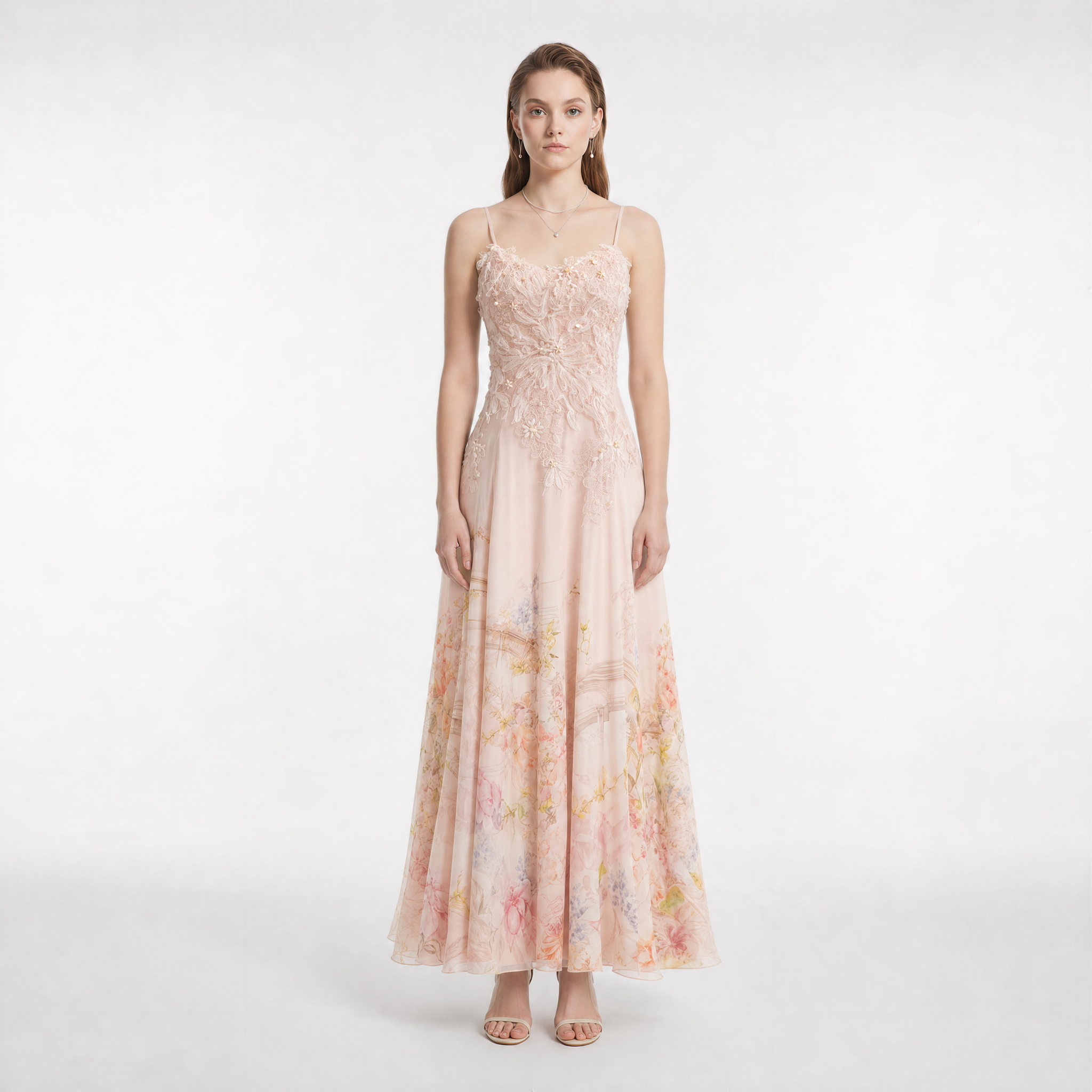 100% mulberry silk Blush Pink Floral Print Maxi Slip Dress with handmade 3D Appliqué Bodice and Full Skirt