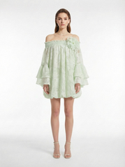 Mint Green Off-Shoulder Voluminous Babydoll Dress with Floral Appliqué