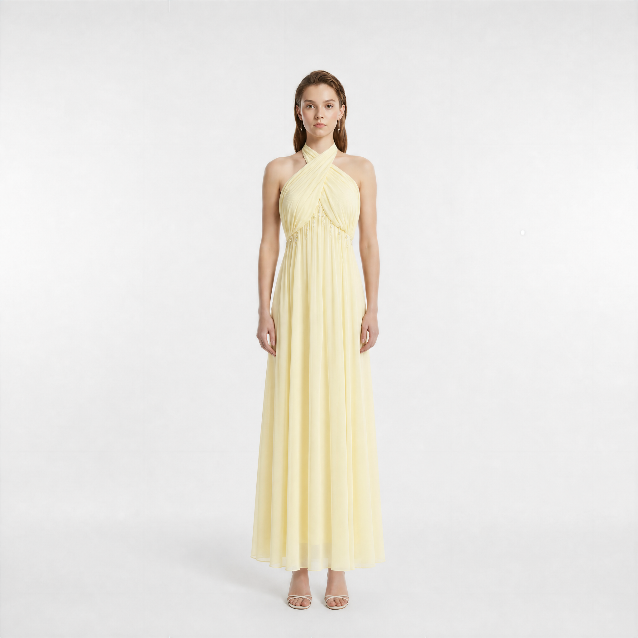 Pale Yellow Cross Halter Neck Maxi Dress with Beaded Waist Detail
